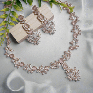 Alternative view of Rose Gold Plated  American Diamond Necklace Sets With Pink Stone