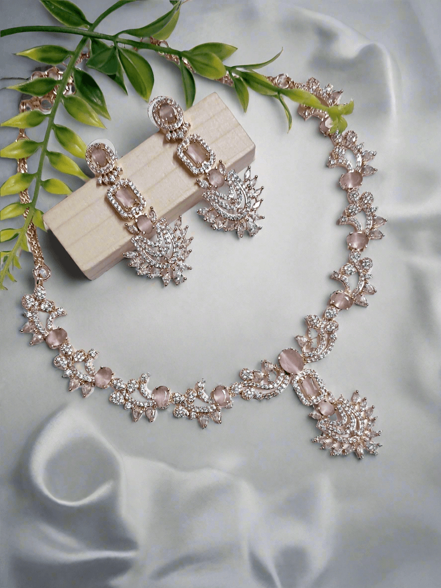 Rose Gold Plated American Diamond Necklace Sets With Pink Stone - Image 2