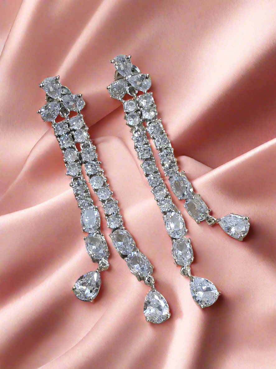 Silver-Plated Cubic Zirconia Studded Contemporary Drop Earrings