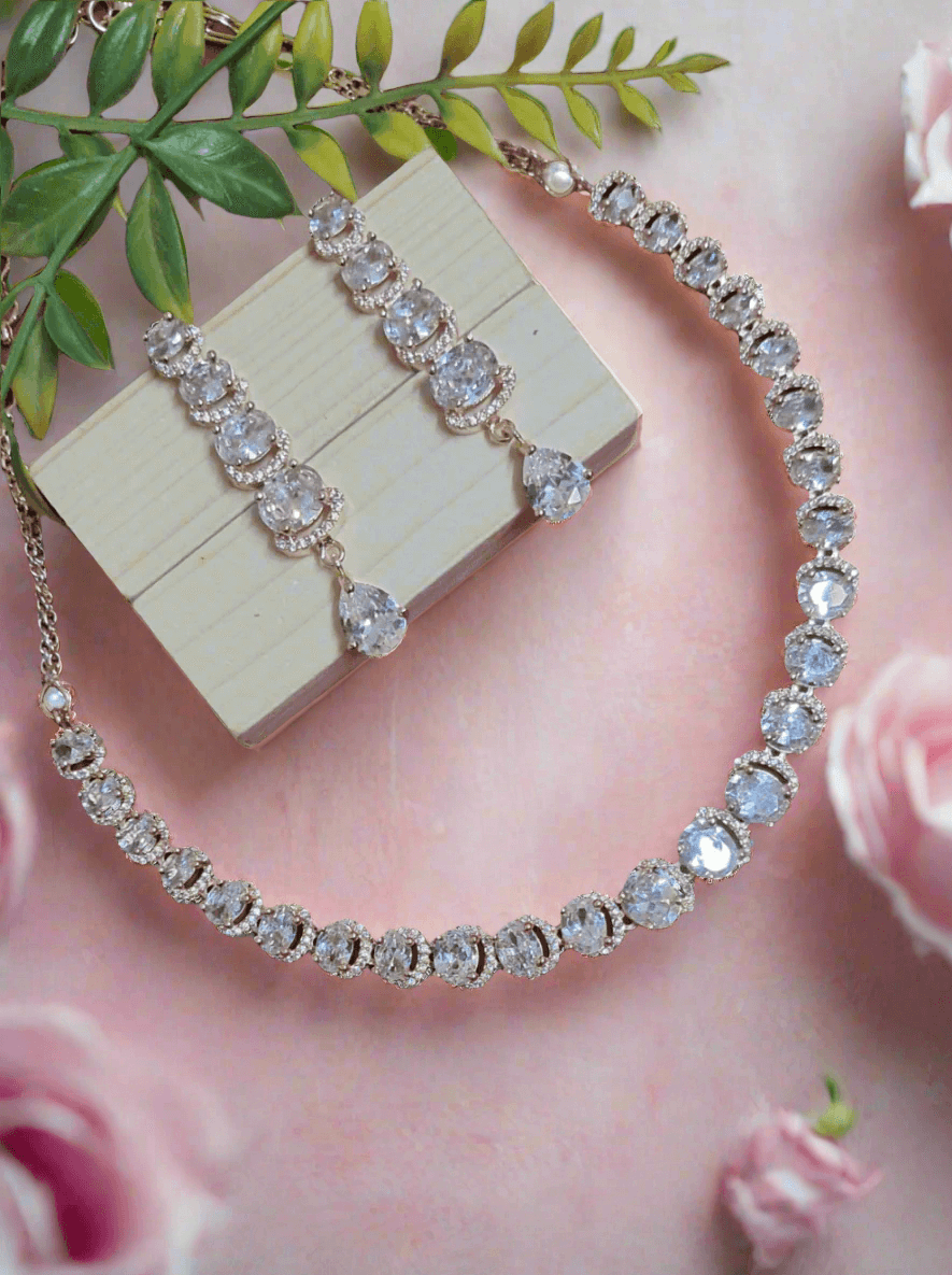Rose Gold Plated American Diamond Necklace Sets With White Stone - Image 3