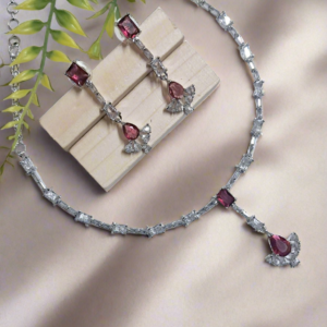 Alternative view of Silver Plated American Diamond Necklace Sets With Pink Stone