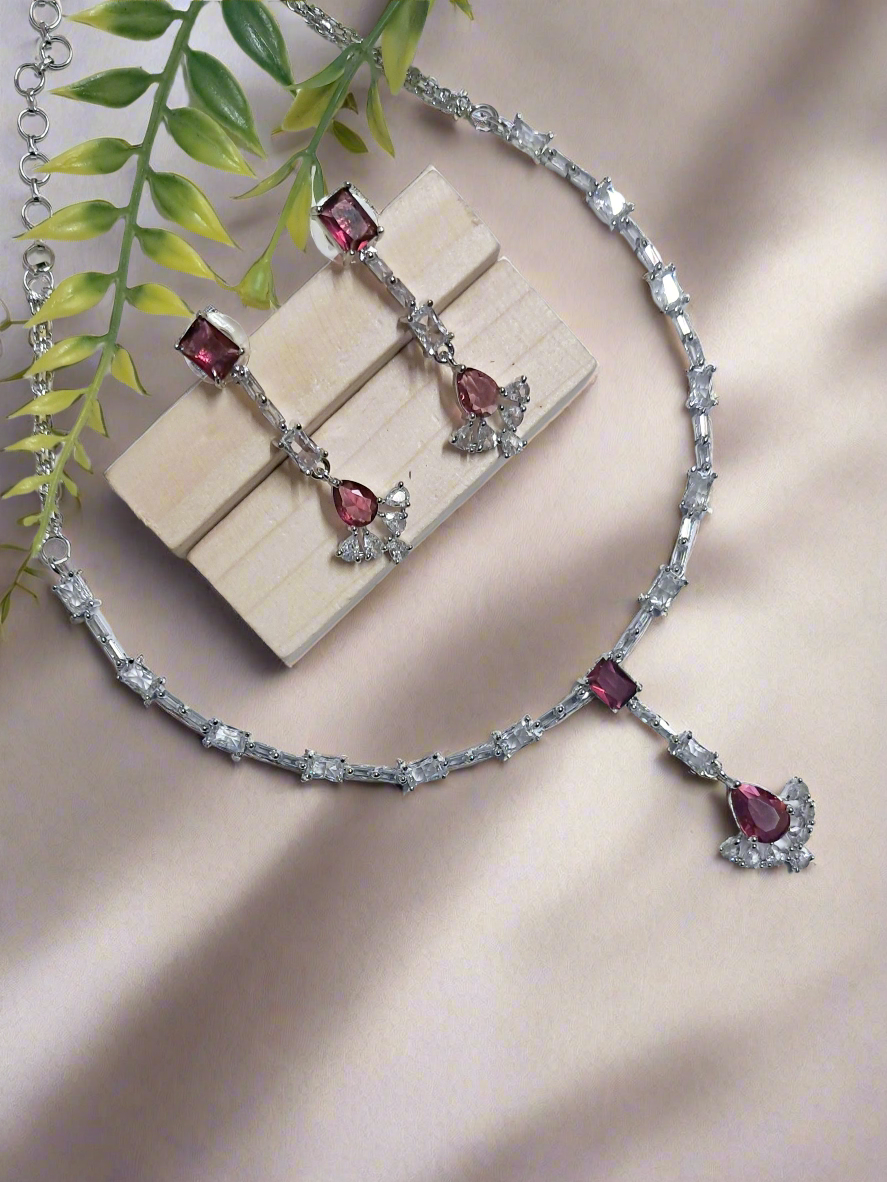 Silver Plated American Diamond Necklace Sets With Pink Stone - Image 2
