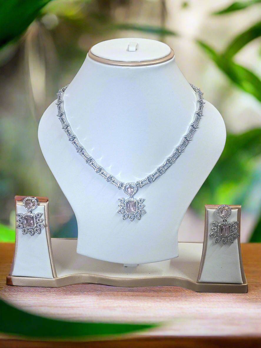 Silver Plated American Diamond Necklace Sets Aqua Pink