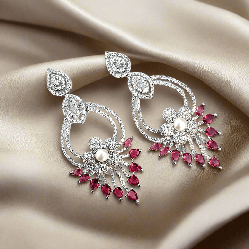 Pink American Diamond Studded Crystal Brass Drops & Danglers - Image 2