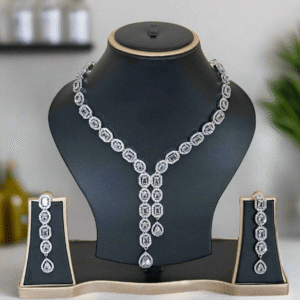Silver Plated American Diamond Necklace Sets With White Stone