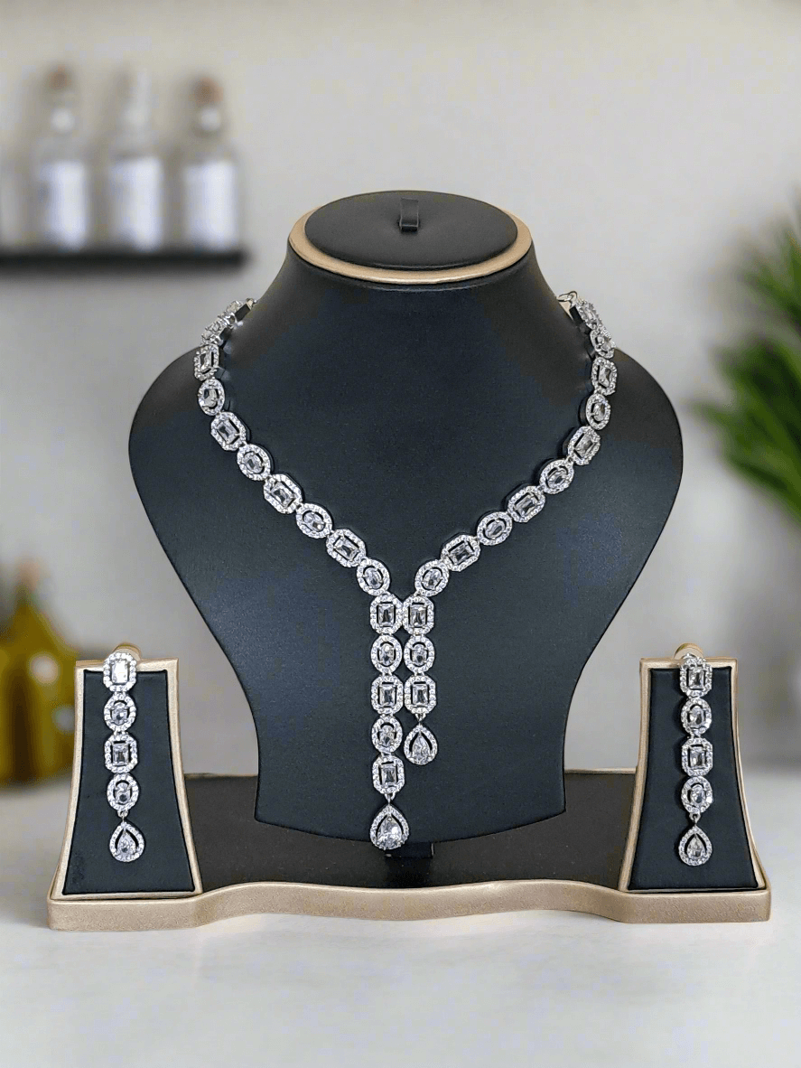 Silver Plated American Diamond Necklace Sets With White Stone