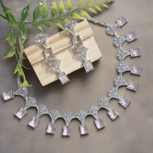 Alternative view of Silver Plated American Diamond Necklace Sets With Aqua Pink Stone