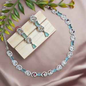Alternative view of Silver Plated American Diamond Necklace Sets With Aqua Green Stone
