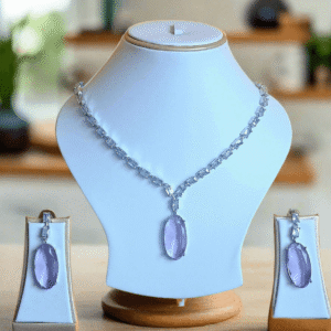 Silver Plated Aqua Purple Stone American Diamond Necklace Sets