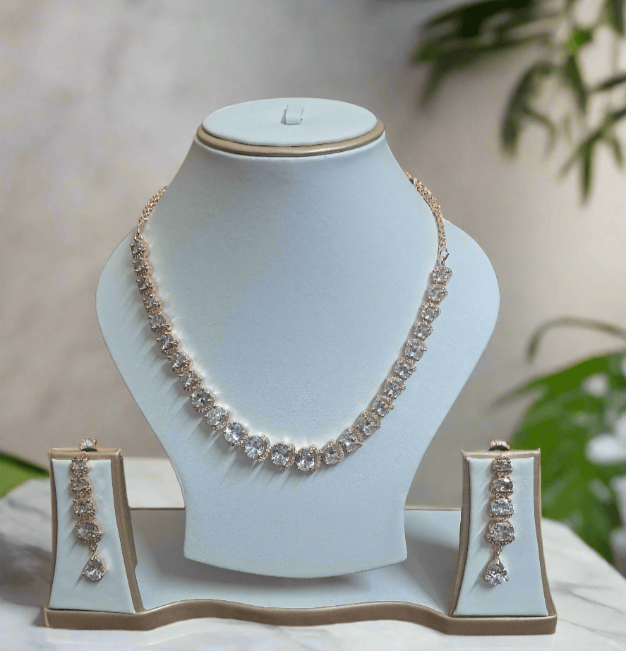 Rose Gold Plated American Diamond Necklace Sets With White Stone - Image 6