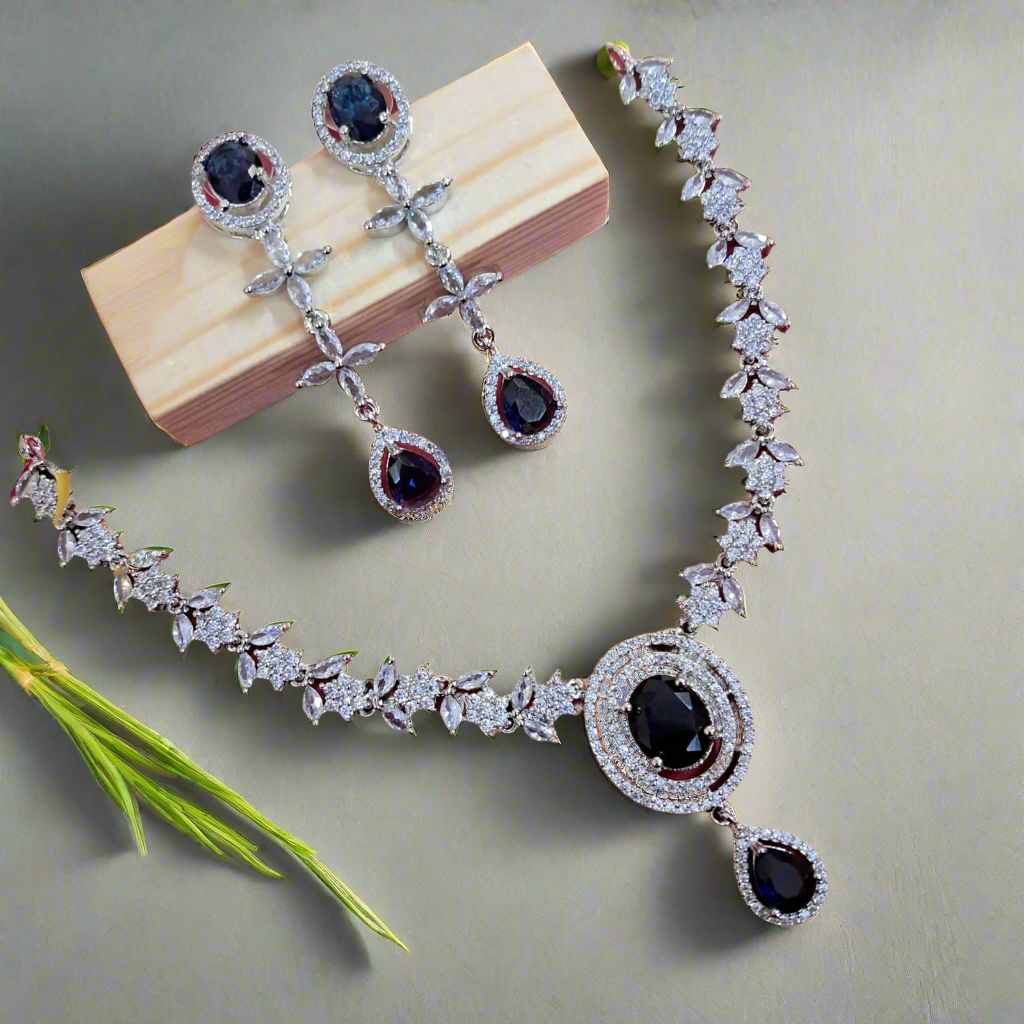 Silver Plated American Diamond Necklace Sets With Blue Stone - Image 2