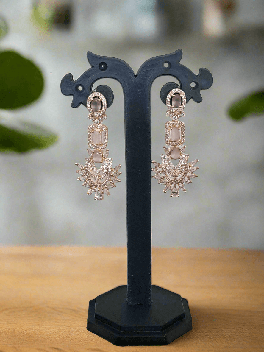 Rose Gold Plated American Diamond Necklace Sets With Pink Stone - Image 5