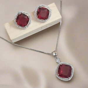 Rhodium-Plated Ruby & CZ Studded Pendant Necklace Set