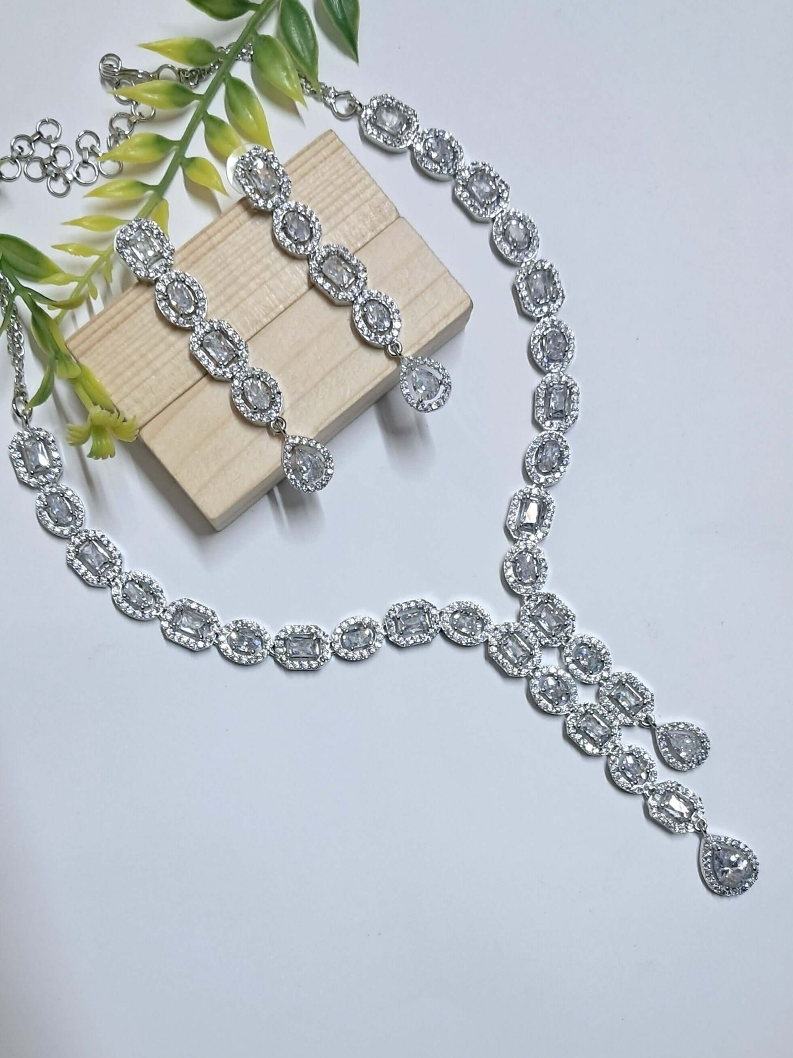 Silver Plated American Diamond Necklace Sets With White Stone - Image 4