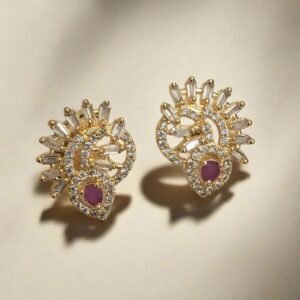 Gold Plated American Diamond Studded Floral Stud Earrings for Women